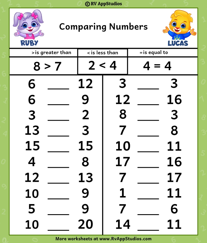 Worksheet for comparing numbers and quantities in Physical Science for early learners Comparative assessment worksheet for numbers 0-10 designed for Pre-K children