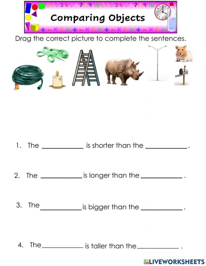 Pre-K geometry worksheet for comparing height weight and age between two illustrated objects