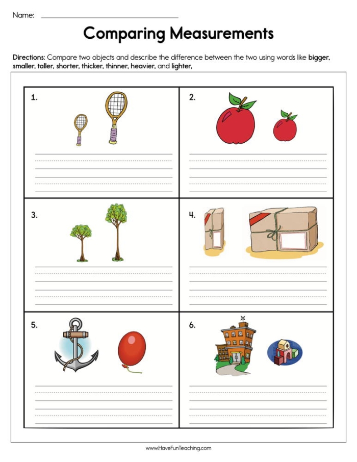 Worksheet for comparing the heights, ages, and weights of two objects suitable for Pre-K geometry. Engaging comparing two things activity for young learners to identify differences.
