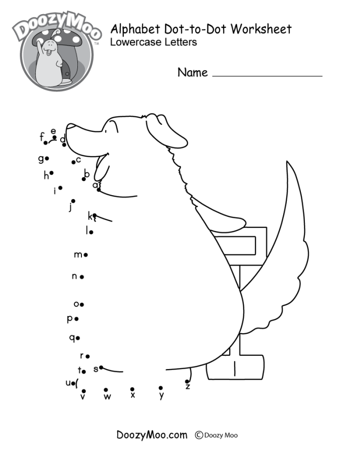 Pre-K dinosaur connect the dots worksheet featuring lowercase alphabet letters for Earth and Space Science practice