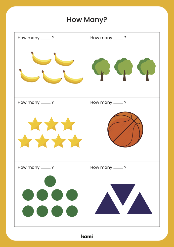 Colorful worksheet for Pre-K students focusing on counting, shapes, and sorting activities. Engaging multi-skill practice page designed for early learners.