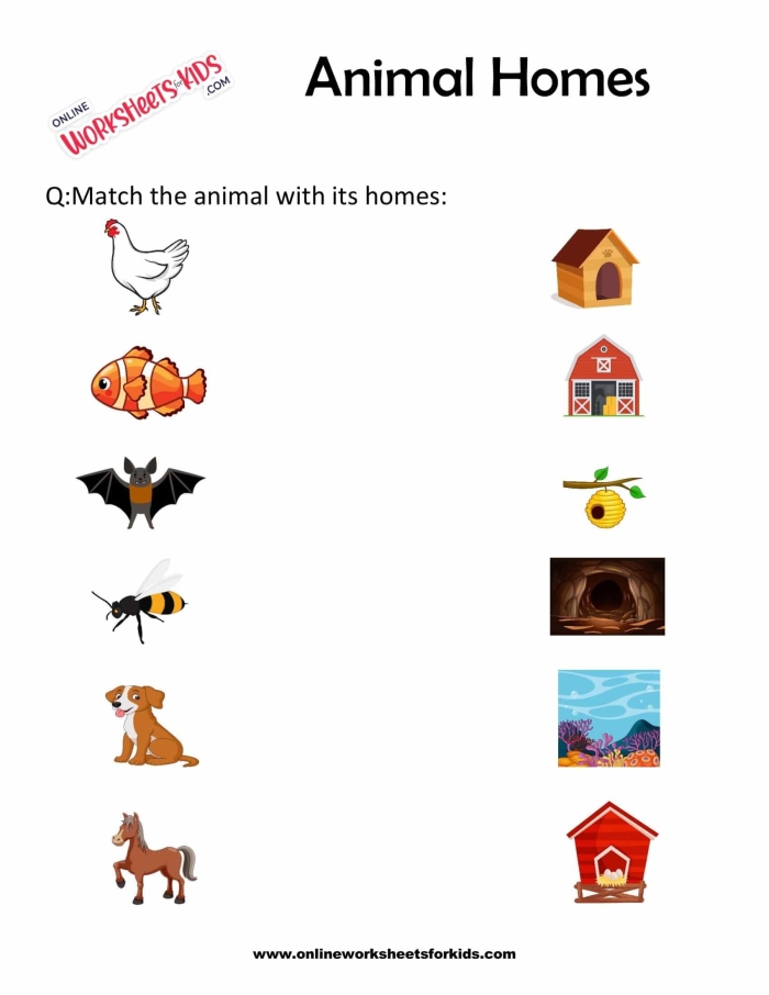Educational resource for Pre-K students on animals and their homes Colorful worksheet featuring animals and their habitats for counting practice