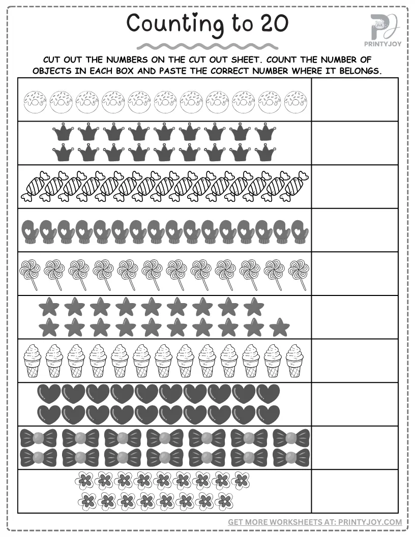 Counting to 20 Assessment Worksheet Image 9 for Early Learners Pre-K students counting numbers one through twenty on an assessment worksheet with visual learning aids