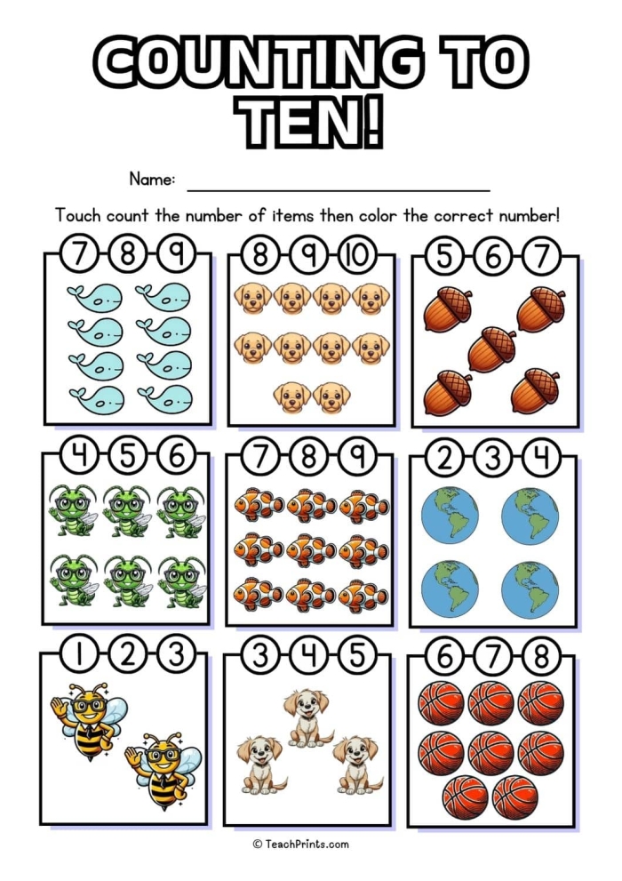 Engaging counting and comparison activities for early learners Counting Practice worksheet for Pre-K students focusing on numbers 1-10