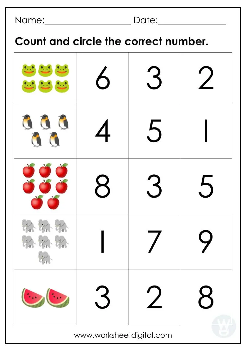 Pre-K math worksheet featuring a counting exercise where students identify and circle numbers 0 through 10