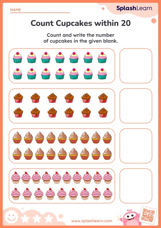 Pre-K worksheet featuring cupcakes for children to color and count for addition practice