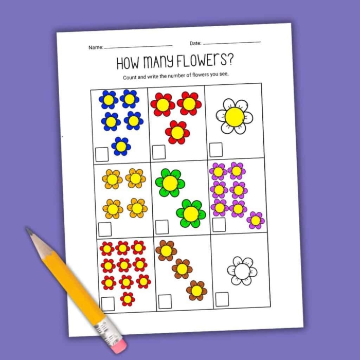 Pre-K worksheet with flowers for children to count and color while practicing positional words