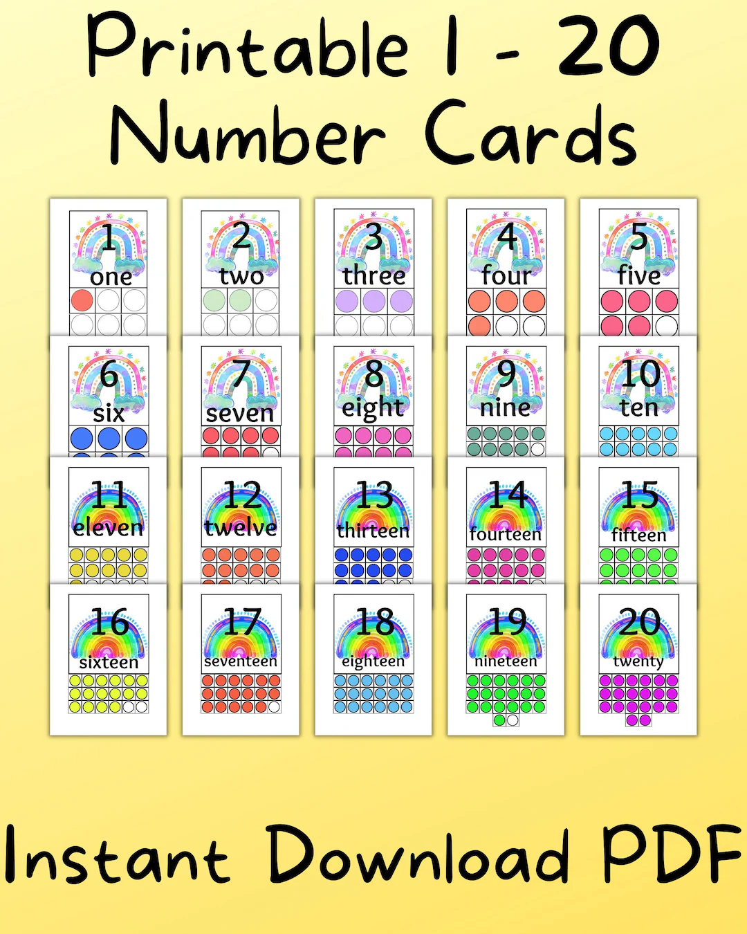 Printable number cards 1 through 20 for Pre-K counting practice