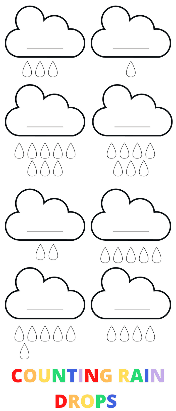 Pre-K math worksheet featuring rows of raindrops to count and match with numbers
