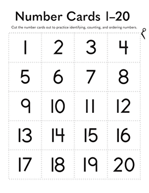 Pre-K number cards 1 to 20 worksheet for counting and sequencing practice