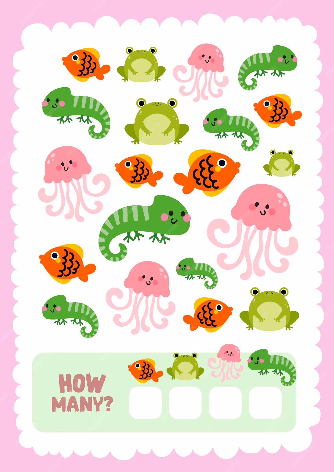 Pre-K worksheet helping children learn to count shapes and colors in a multi-skill practice activity