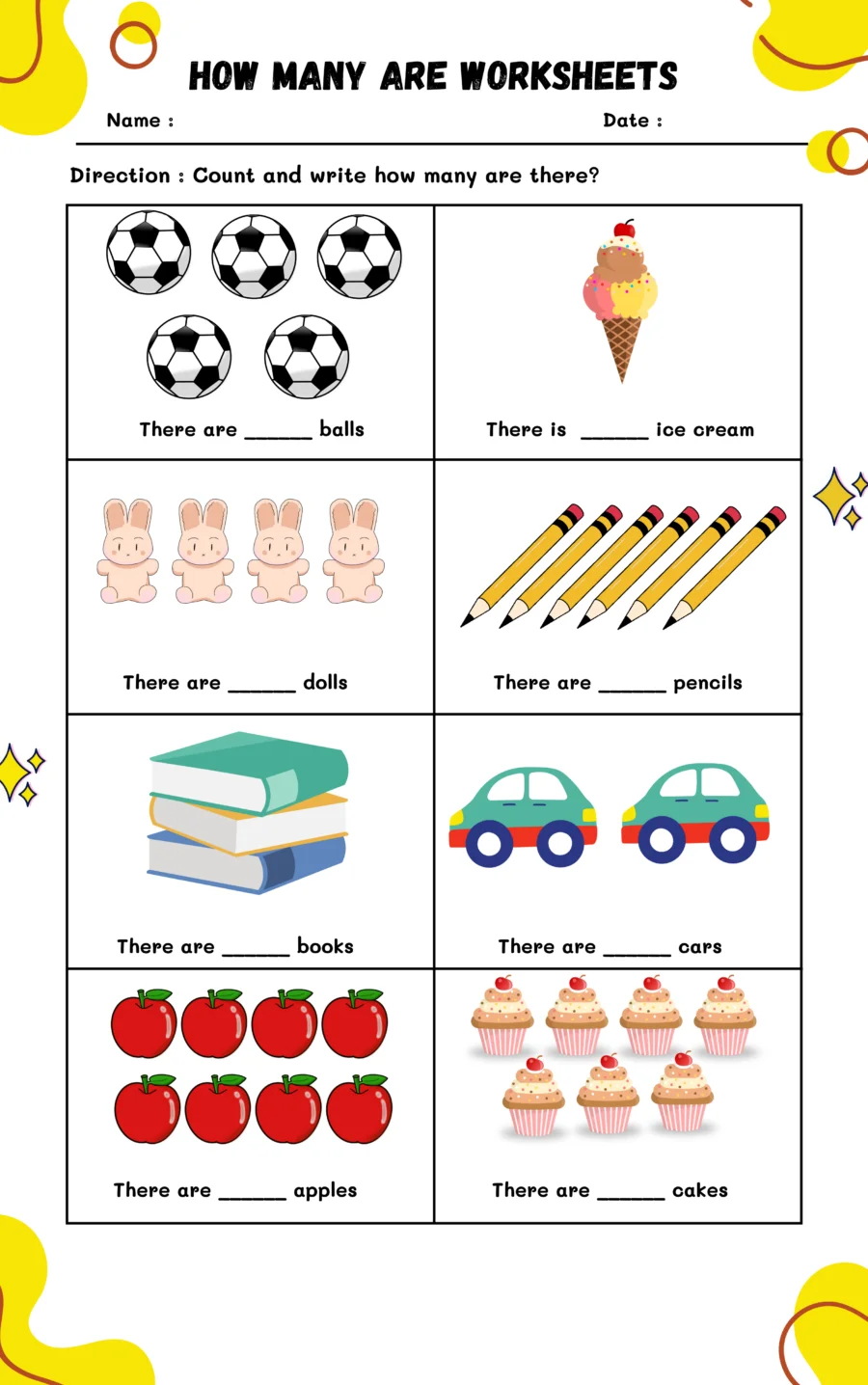 Pre-K worksheet helping children learn how to count and sort colorful shapes