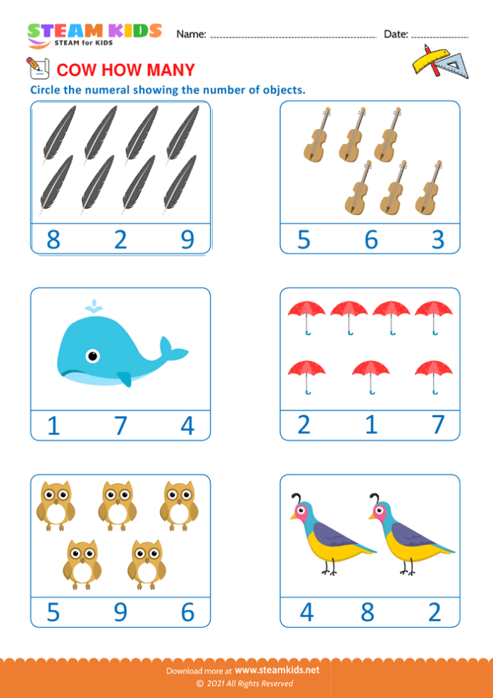 colorful worksheet for Pre-K kids focusing on shapes, colors, counting, and sorting