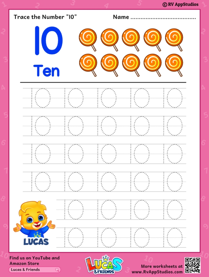 Pre-K math worksheet focused on counting and tracing the number 10