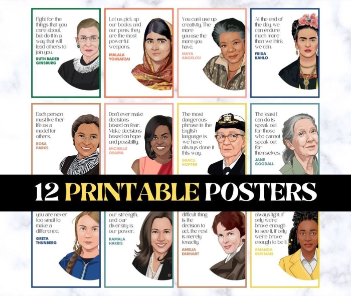 Women Who Dared to Dream Learning Poster Number 18 Pre-K worksheet poster featuring portraits of inspiring women artists and entrepreneurs for counting practice