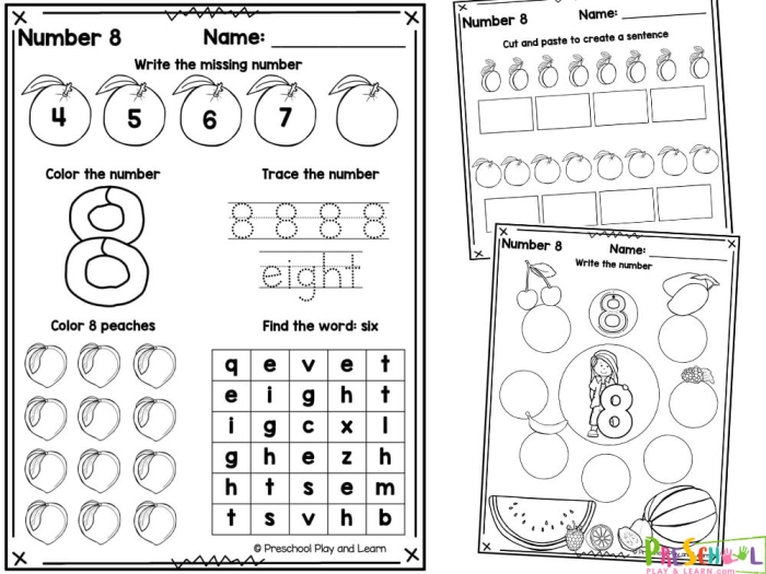 Pre-K math worksheet for learning the number eight with counting exercises