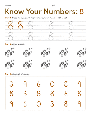 Pre-K math worksheet focused on identifying and counting the number three