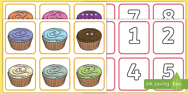 Colorful cupcakes for counting practice in a Pre-K addition worksheet