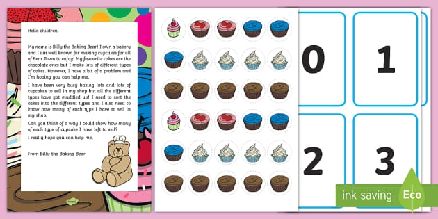 Pre-K students practice addition by coloring and counting the cupcakes on this fun math worksheet