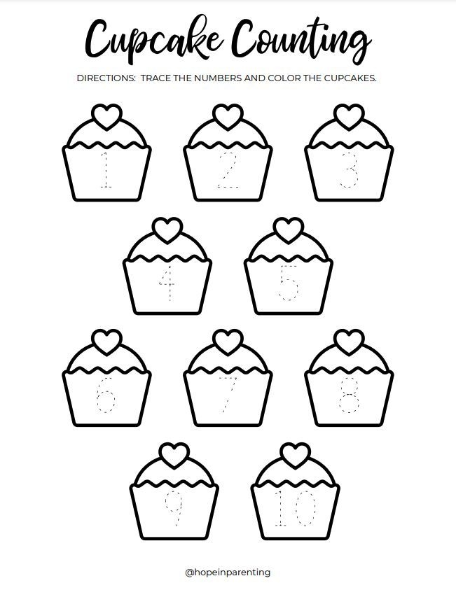Pre-K addition worksheet featuring illustrated cupcakes to color and count for image 20