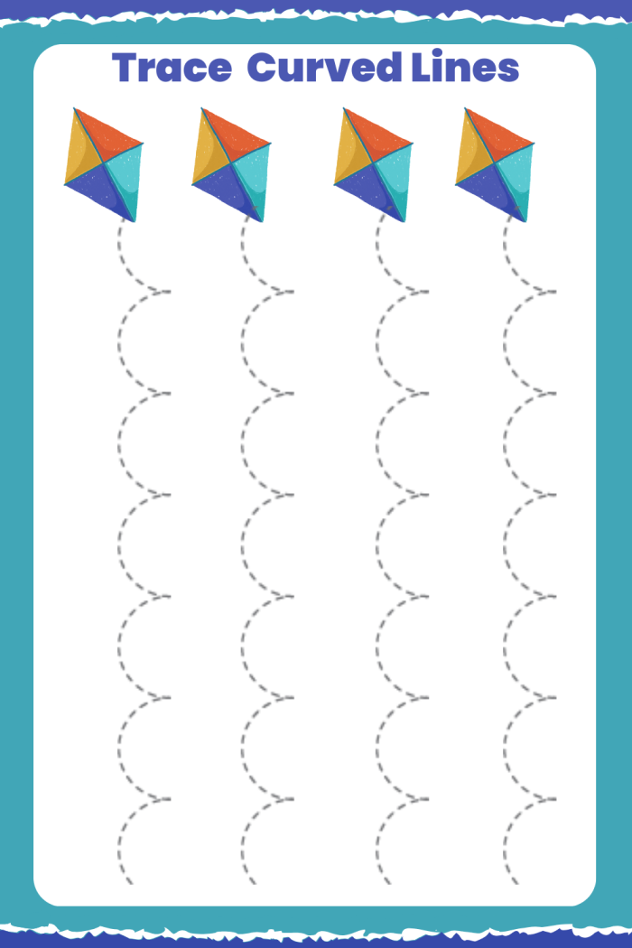 Pre-K worksheet with curved line tracing exercises to connect matching shapes and everyday objects