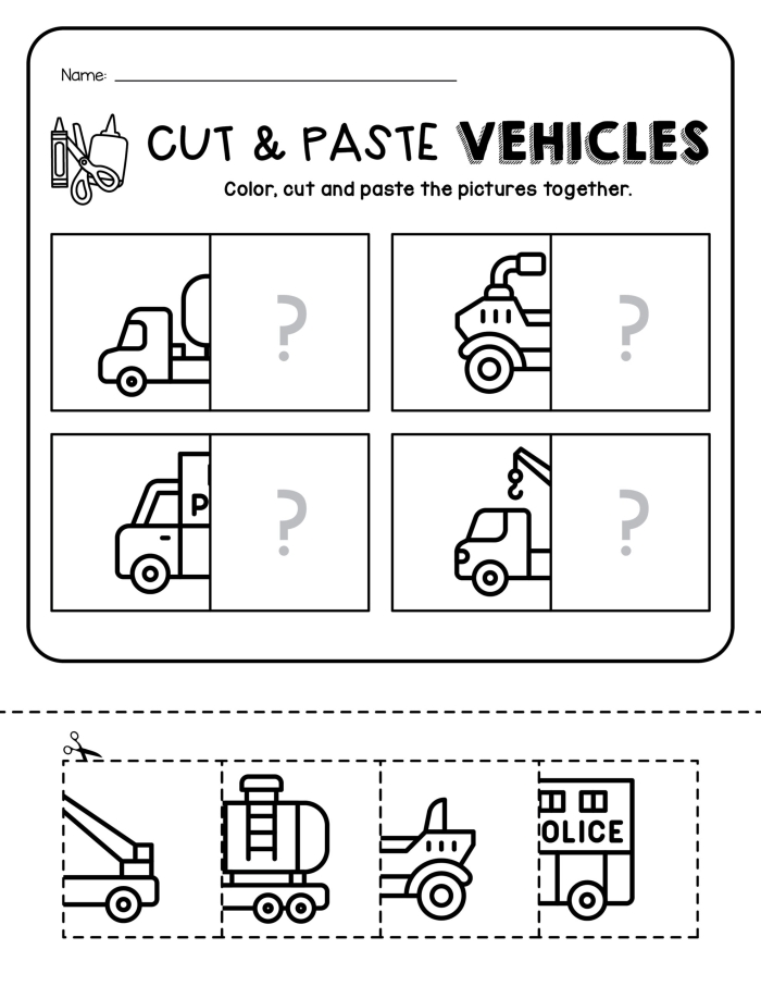 Pre-K history worksheet featuring various transportation vehicles for a cut-and-paste activity