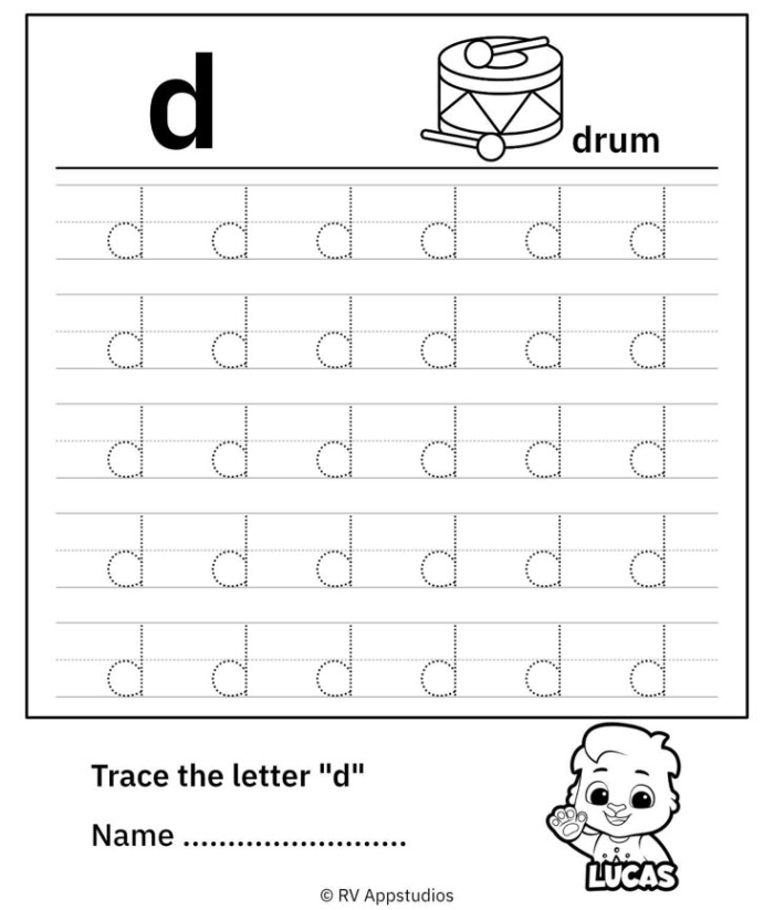 Pre-K worksheet showing children how to trace lines and the uppercase letter D to improve fine motor skills