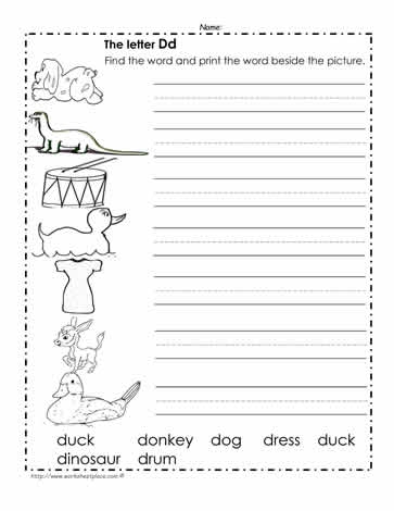 Pre-K phonics worksheet for identifying objects that start with the letter D