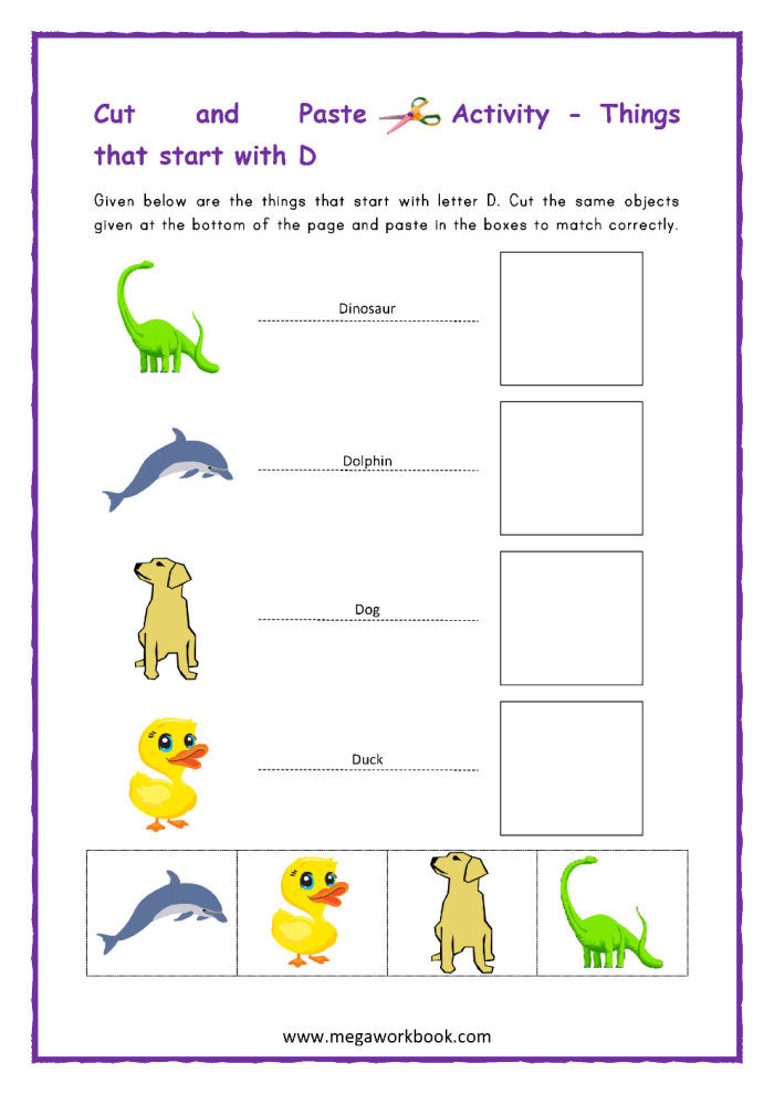 Preschooler phonics worksheet featuring various objects for children to identify those that start with the letter D