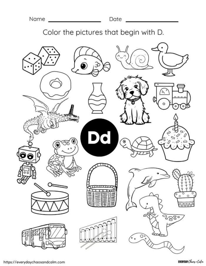 Pre-K phonics worksheet for identifying objects that start with the letter D