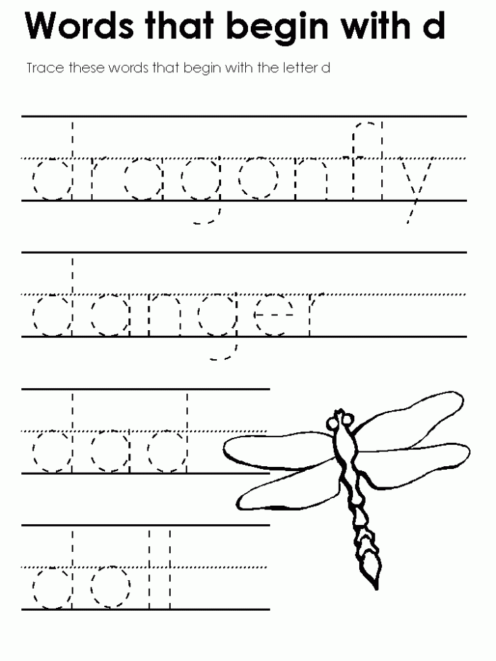 Pre-K phonics worksheet featuring various objects that begin with the letter D for kids to identify