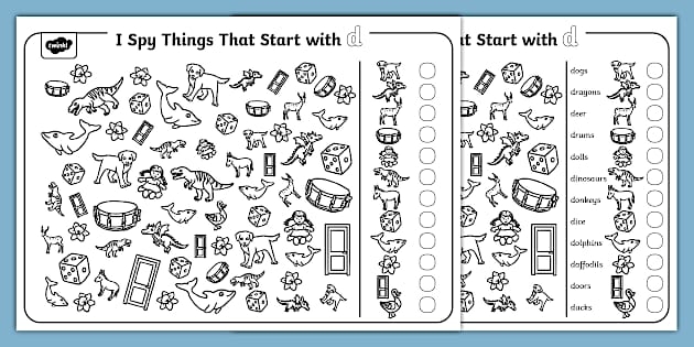 Pre-K phonics worksheet featuring various objects for children to identify that start with the letter D