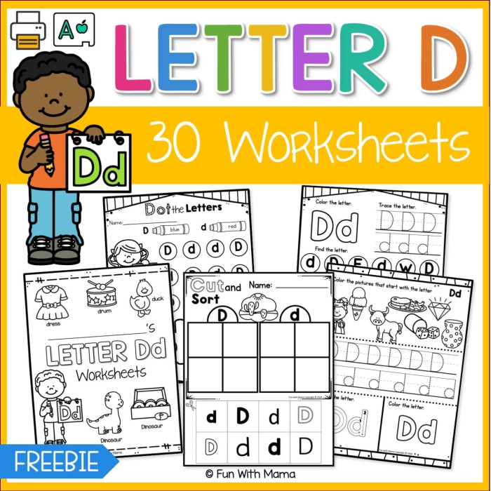 Pre-K phonics worksheet for identifying objects that begin with the letter D