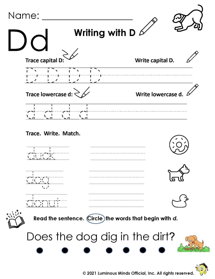 Pre-K phonics worksheet featuring images of objects that start with the letter D for kids to identify