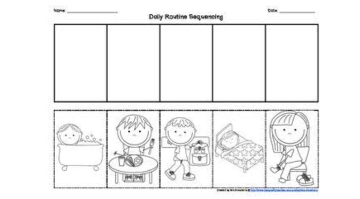 Daily routine cut-and-paste activity for Pre-K learners Children engaging with the Sequencing Your Day worksheet for story sequencing practice