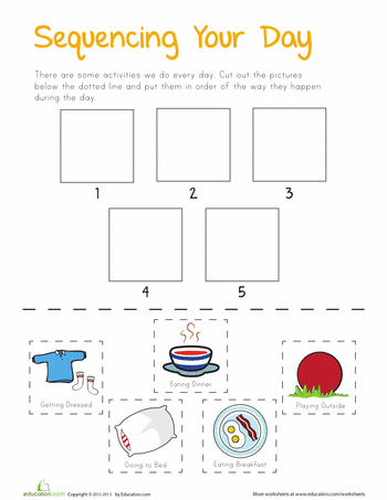Sequencing Your Day Worksheet for Early Childhood Reading Practice 5 Pre-K student completing a daily routine cut-and-paste story sequencing activity