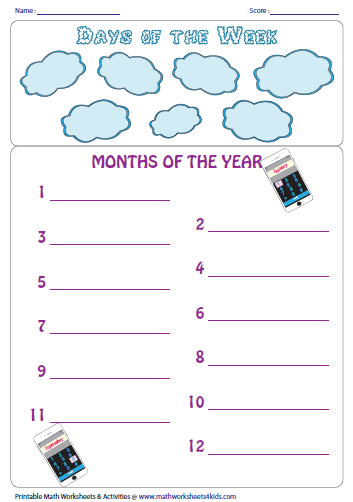 Colorful worksheet for learning days, months, and seasons designed for Pre-K students