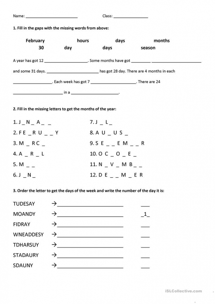 Children's worksheet for learning days, months, and seasons
