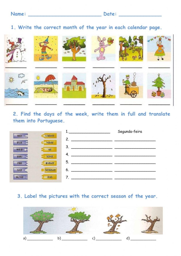 Days, Months, and Seasons Check-In worksheet for Pre-K students featuring colorful illustrations