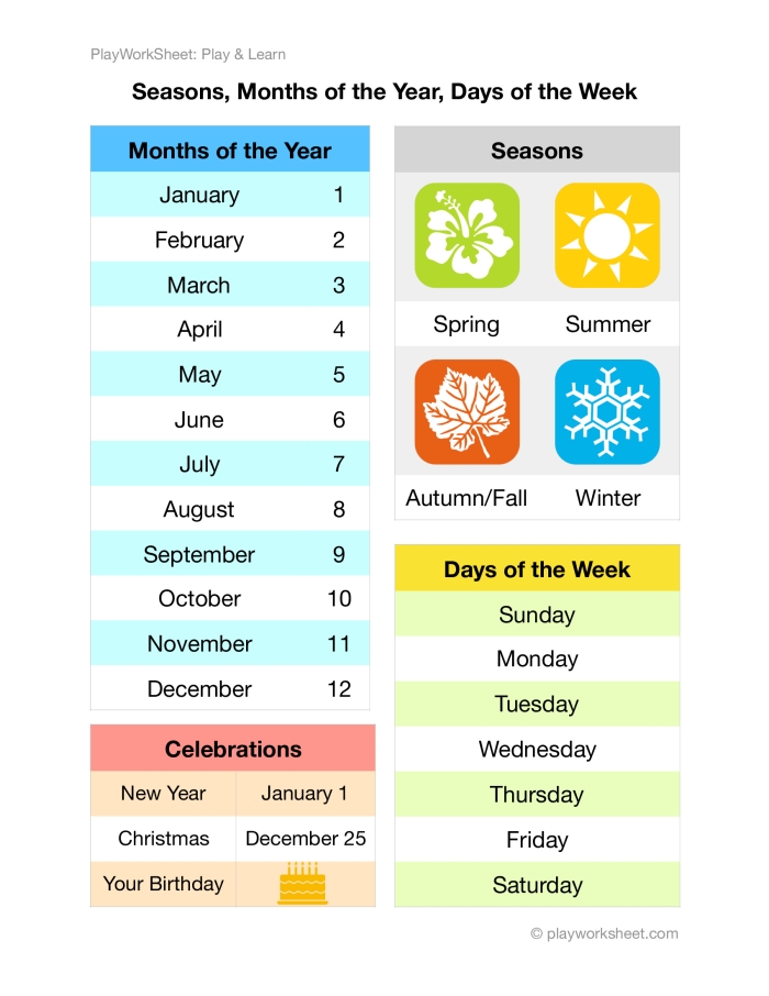 Pre-K worksheet for learning days, months, and seasons with engaging visuals