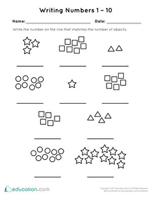 Pre-K number writing assessment worksheet for practicing digits one through ten