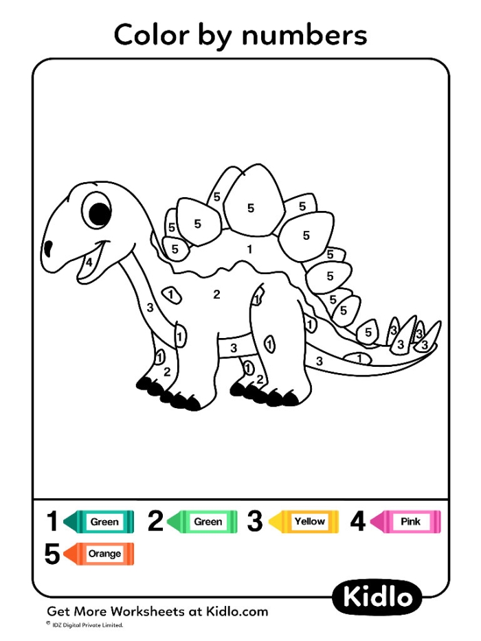 Color by number worksheet featuring friendly dinosaurs for preschoolers
