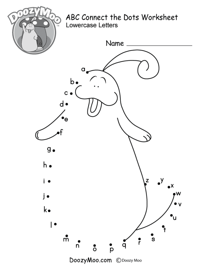 Alphabet practice with a dinosaur connect the dots worksheet number 17 Pre-K dinosaur themed ABC connect the dots alphabet worksheet for image 17
