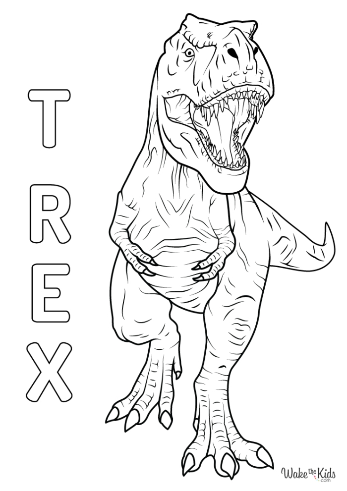 Pre-K reading worksheet featuring a fierce Tyrannosaurus Rex for children to color