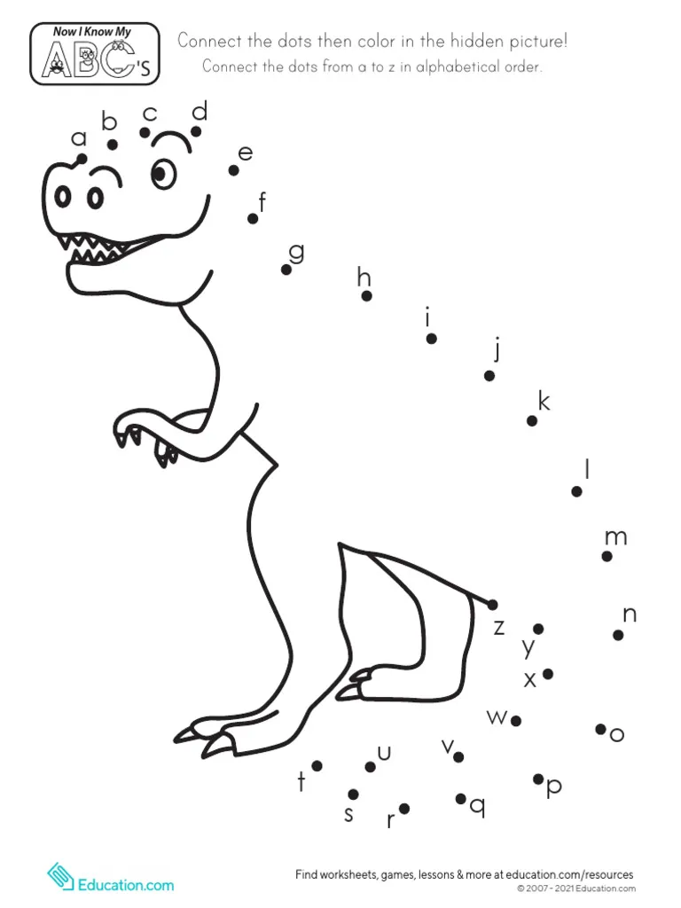 Pre-K dinosaur connect the dots worksheet for practicing lowercase alphabet letters and fine motor skills
