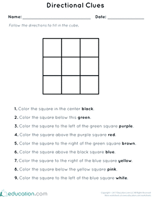 Positional words assessment for early learners worksheet 20 Pre-K directional clues worksheet featuring left, right, up, and down exercises