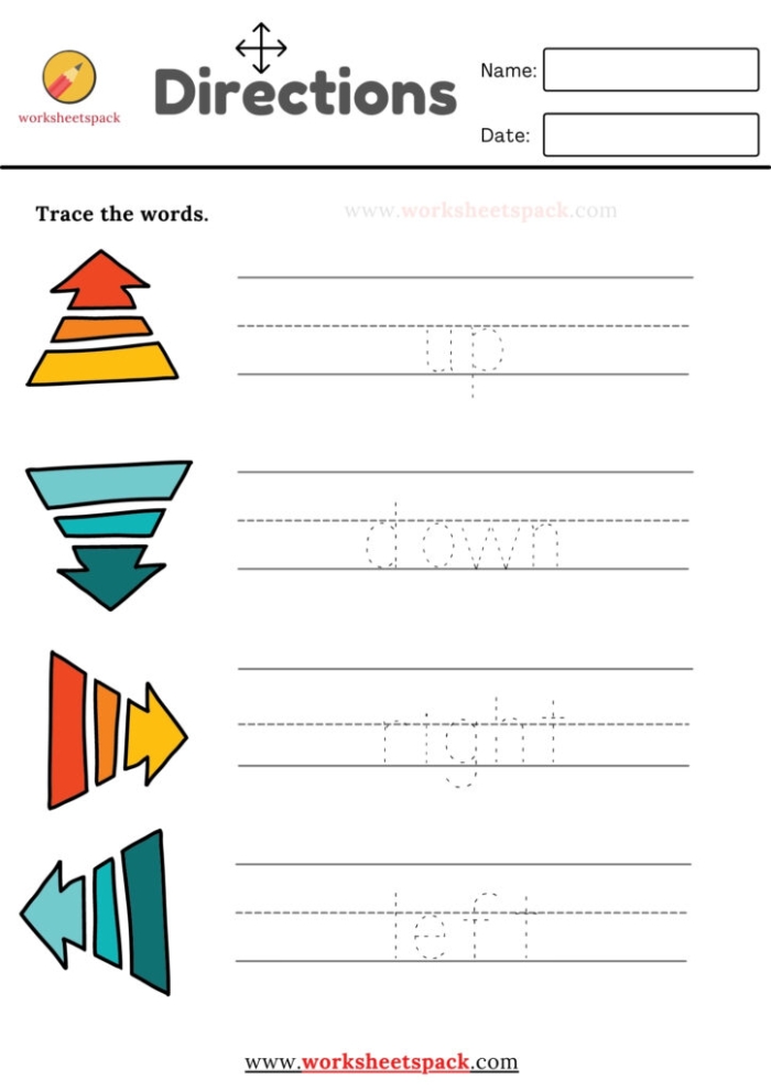 Directional Clues Assessment Activity for Young Learners Pre-K student practicing directional vocabulary with left right up and down positional words