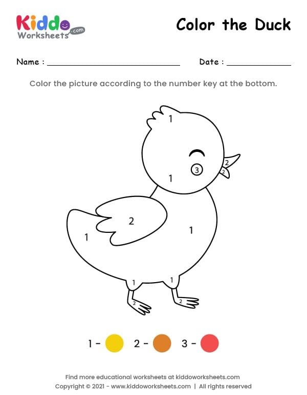 Pre-K color by number worksheet featuring two ducks swimming in a pond for number and counting practice