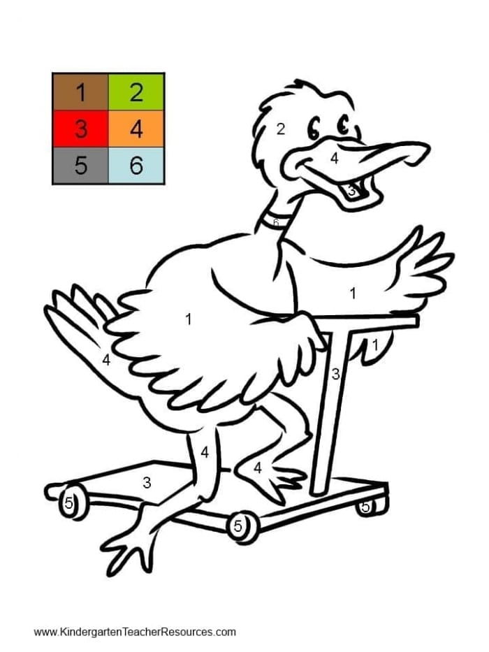 A Pre-K color by number worksheet featuring two cute ducks swimming in a pond
