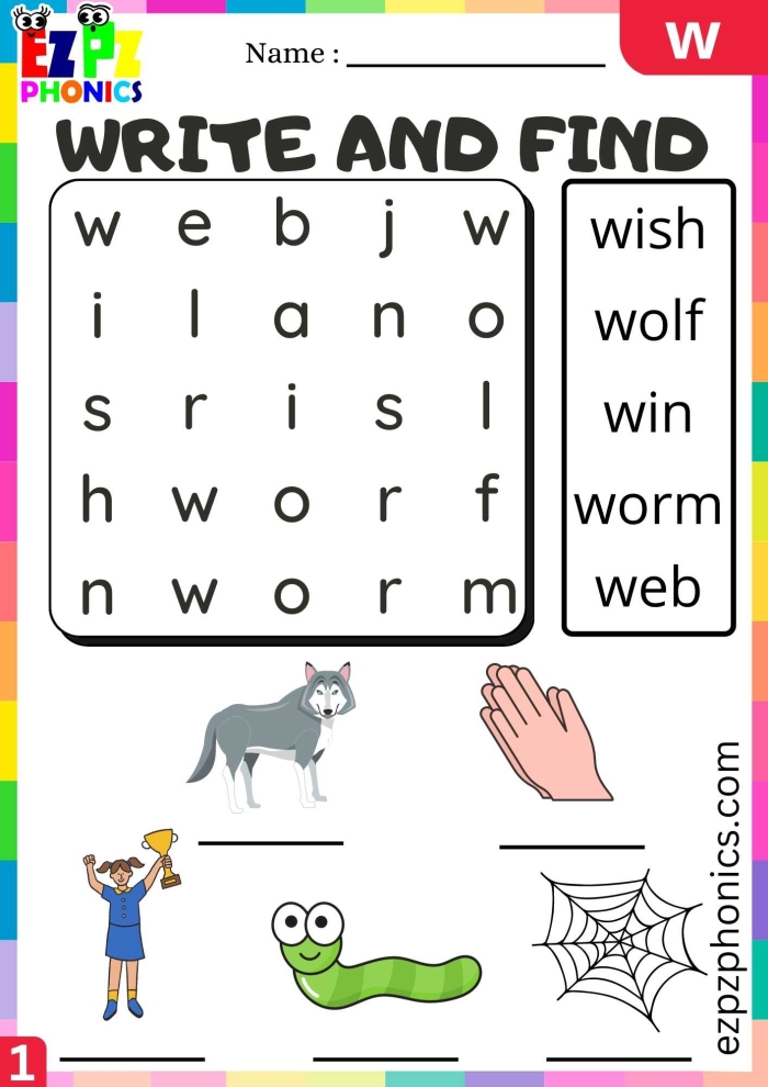 Worksheet featuring items that begin with the letter W to support early literacy skills